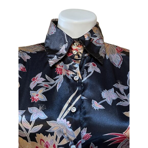 Vintage Y2K NWT 1950s-Style Satin Floral Button-Up Blouse With Tie Waist - Picture 3 of 9